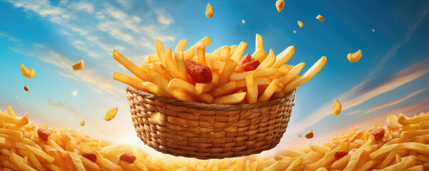 Flying fries potatoes against blue sky.