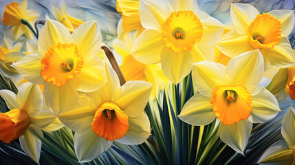  a painting of yellow and white daffodils with leaves.  generative ai