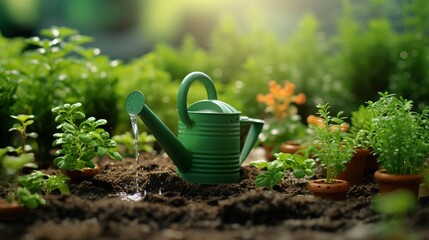 small herb patch with a sprinkler watering it, copy space, 16:9