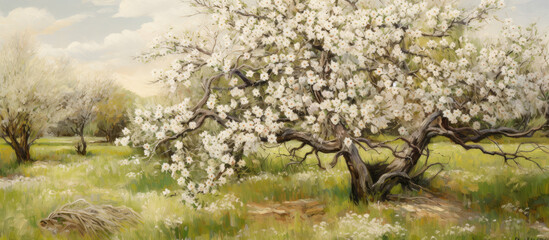 white blossoms decorating an apple tree in a grassy area, landscape-focused