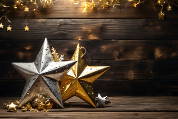 Golden and silver stars in front of a wooden panel wall