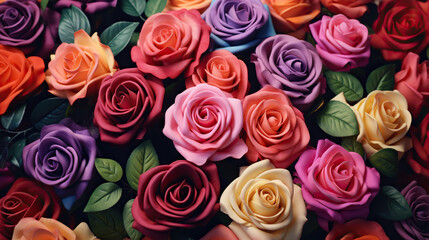  a close up of a bunch of multicolored roses.  generative ai