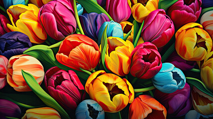 Fototapeta na wymiar a painting of a bunch of colorful tulips on a black background. generative ai