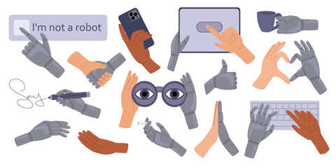 Set human and robot hands gestures. Human robotic arm clicking on I am not a robot, holding stuff, search binoculars, smartphone, tablet, stylus. Vector illustration in doodle style 