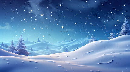  a snowy landscape with trees and stars in the night sky.  generative ai