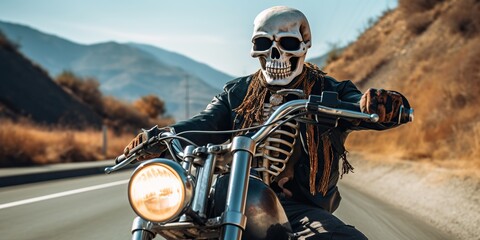 Skeleton on a motorcycle rides along the highway , concept of Death