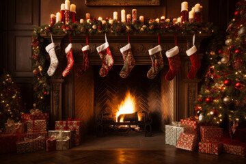 Fototapeta na wymiar Cozy Holiday Hearth: Fireplace with Christmas Stockings