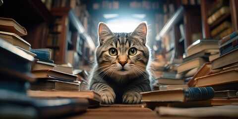 Curious cat wandering through a library of mystical books , concept of Enigmatic feline - obrazy, fototapety, plakaty