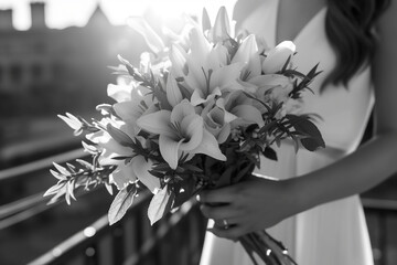 a chic bouquet in the hands of a bride in a white dress. Luxury wedding bouquet. Black and white style. The girl is holding flowers. Generative AI