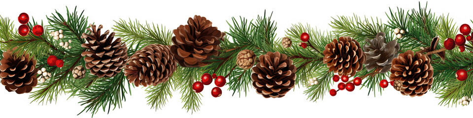Christmas border with fir branches and pine cones - obrazy, fototapety, plakaty