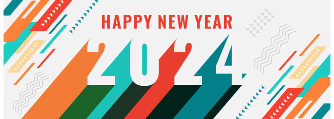 2024 Happy New Year logo trend design. 2024 colored number design template. 2024 typography symbol Happy New Year. Vector illustration with labels trendy and fashionable colors.

