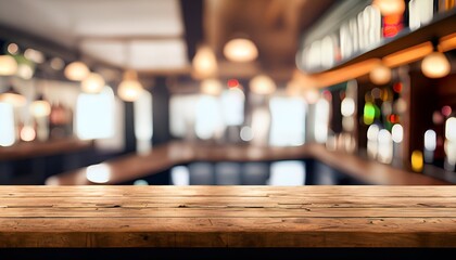 Wooden table in blur bar background.