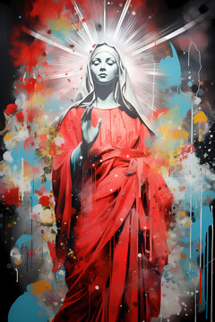 Annunciation of Mother Mary in red robe spray paint modern art style