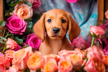 Labrador puppy surrounded by roses