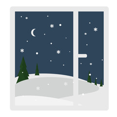 Minimal flat design. Creative vector seasonal winter banner. Window, landscape with snow and trees. 