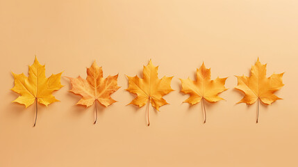  a row of yellow maple leaves on a beige background,.  generative ai