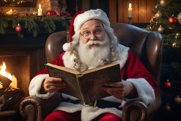Santa Claus sits in a rustic armchair next to a fireplace under the Christmas tree and happily reads a book