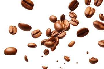 Falling coffee beans isolated on transparent background.