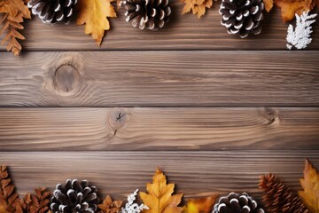 A wooden board with autumn leaves and pinecones. A wooden table decorated for autumn. Wooden background with yellow leaves and pinecones.