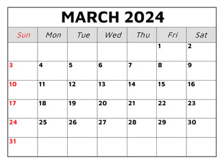 March 2024 calendar. Vector illustration. Monthly planning for your business