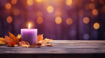  a lit candle with autumn leaves on a wooden table in front of a boke of lights.  generative ai