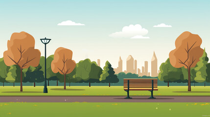 Illustration of a beautiful public park with a simple and minimalist drawing style. Landscape design that is orderly and quiet with no visitors. - obrazy, fototapety, plakaty