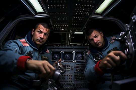 two men flying a spacecraft,space exploration, space craft, flying into space, deep space exploration - Powered by Adobe