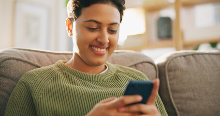 Living room couch, smartphone scroll or person reading blog, article or communication. Home phone,...