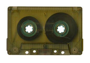 Vintage audio cassette tape isolated. Obsolete technology of audio recording and playback format audio cassette tapes, top view. 80s retro music background.  