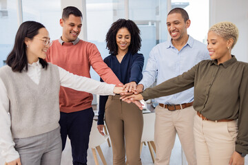 Team work, hands or happy business people in meeting planning together in a group project for...