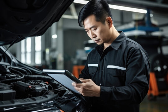 Asian Machanic repair  a car engine doing car diagnostic wiht tablet in the garage autmotive wokshop. Generative Ai