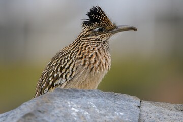 Closeup shot of Greater Roadrunner perched atop a rocky outcrop