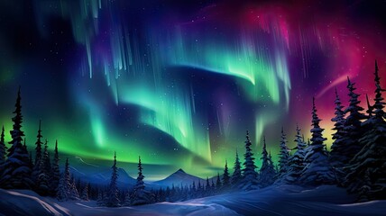 The Northern Lights, or Aurora Borealis, dancing in the night sky, illustrating the vibrant colors and motion of this natural phenomenon