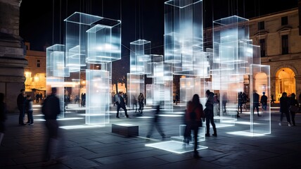 A city square transformed by a temporary light motion art exhibit, illustrating the impact of such installations on urban spaces