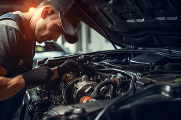 Machanic repair  a car engine in the garage autmotive wokshop. Generative Ai