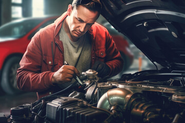 Machanic repair  a car engine in the garage autmotive wokshop. Generative Ai