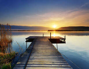Tranquil Lakeside Pier at Sunrise
