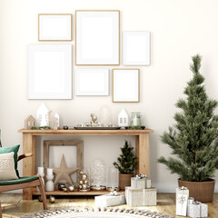 Christmas frame mockups in living room interior