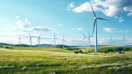  a group of windmills in a field of green grass.  generative ai