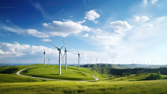  a wind farm in the middle of a green field with a winding road.  generative ai