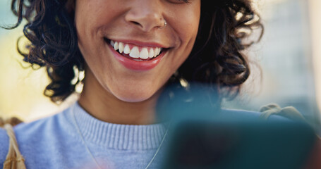 Phone, happy and woman with smile outdoors online for social media, networking and internet in city. Communication, vacation and female person on smartphone for chatting, connection and mobile app