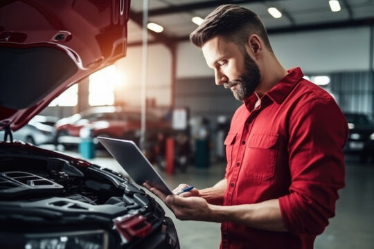 Machanic repair  a car engine doing car diagnostic wiht tablet in the garage autmotive wokshop. Generative Ai