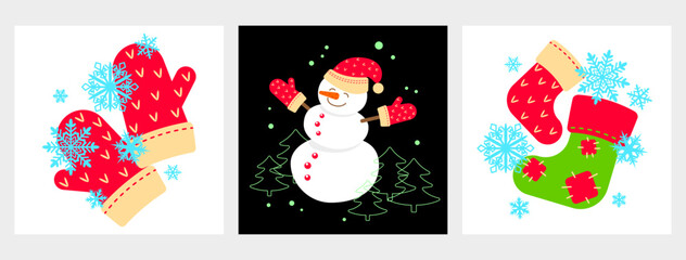 Set of three templates with New Year and Christmas traditional items. Design element for clothes, cards, textiles, fabrics, wallpapers