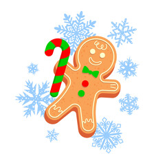 Traditional Christmas treat. Gingerbread man with candy cane and snowflakes isolated on white background. Design element for holiday cards, posters, covers, packaging, textiles, seasonal decor