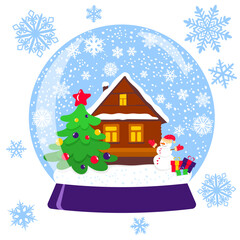 Traditional gift glass snow globe with a rustic winter landscape for the New Year and Christmas holidays. Design element for holiday cards, posters, covers, packaging, textiles, seasonal decor
