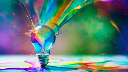 Creative light bulb explodes with colorful paint and splashes on a dark background. Idea, creativity, invention, thought.