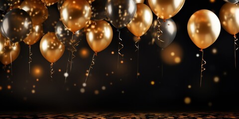 Golden balloons on black background.
