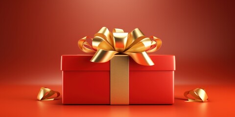 Golden paper gift box with ribbon on red background