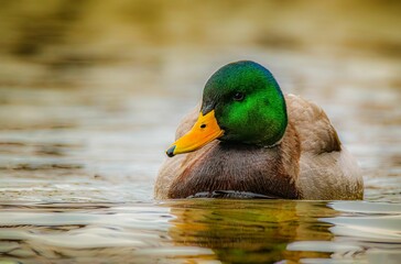 Closeup shot of a duck swimming in a tranquil lake.