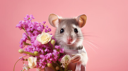  a mouse holding a bouquet of flowers on a pink background.  generative ai